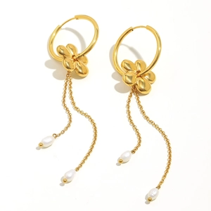 18K gold-plated stainless steel flower earrings with long pearl tassels on white background