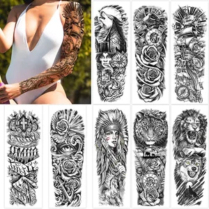 Waterproof full arm temporary tattoo stickers featuring lion skull and nautical designs