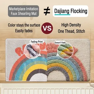 Thick rainbow floral bath mat showing a high-density non-fading tufted pile comparison