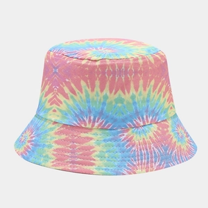 Fashionable rainbow tie-dye cotton bucket hat with flat top and stitched brim for women