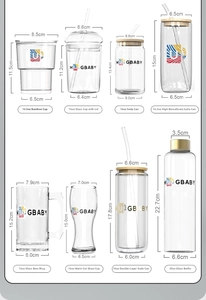 Detailed size specifications and dimensions for various glass soda cans and tumblers