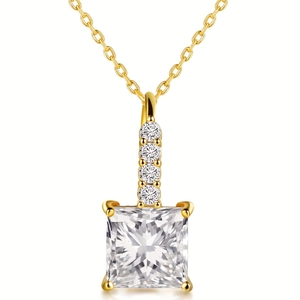 Close-up of gold-plated pendant featuring a princess-cut diamond and four small round stones
