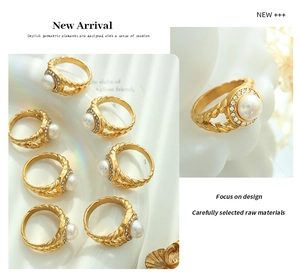 Detail showing 18K gold-plated twisted ring with freshwater pearl and zircon inlay