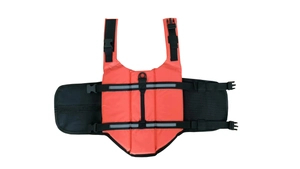 Detail of dog life jacket showing high-visibility orange fabric and reflective safety strips