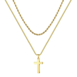 Conjunto de collares dorados de doble capa con cadena de cuerda y colgante de cruz
