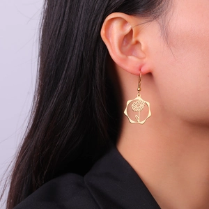 Golden stainless steel sunflower pendant earrings on model for elegant gift ideas