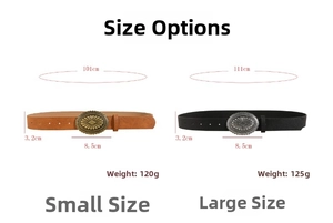 Detailed size chart for vintage belts with carved buckle in lengths 101cm and 111cm