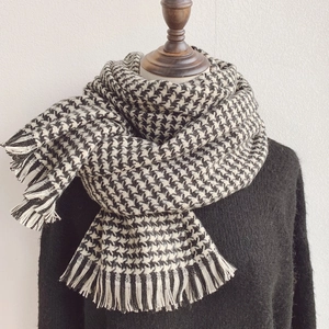 Classic black and white houndstooth thick winter scarf with soft tassels for men and women