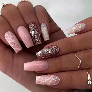 Press On Nails Long Coffin Shape Marble Pattern Glitter Champagne Pink Artificial Fake Nails Fashion Elegant Manicure