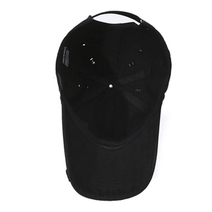Internal structure of black cotton baseball cap showing stitching and sweatband details