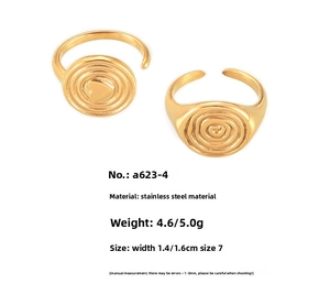 Detail of 18k gold plated stainless steel rings with heart motif and spiral texture