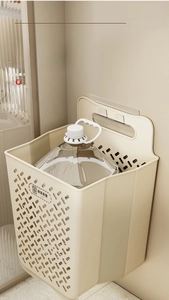 Detail shot showing high load capacity of the wall-mounted hollow beige laundry basket