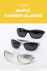 Detailed display of Y2K cyberpunk sports sunglasses in black and silver metallic styles