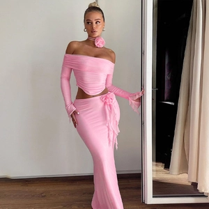 Pink slim fit two-piece set featuring off-shoulder long sleeve top and high waist maxi skirt