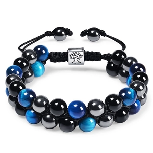 Triple Protection Bracelet Tiger Eye Hematite Black Agate Tree Of Life Charm Adjustable Braided Rope Men Women Jewelry