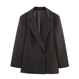 Women casual long sleeve suit set with double-breasted jacket and trousers in dark brown