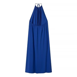 Royal blue halter neck backless midi dress with silky texture and pleated elastic back