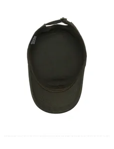 Internal view of olive green cotton cadet cap showing stitching and adjustable strap