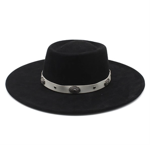 Chapeau fedora en laine noire avec ruban décoratif beige et boucle métallique