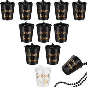 Set of 12 shot glass necklaces featuring Groom to Be and Groom's Team gold lettering