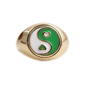 Adjustable golden copper ring featuring a green and white enamel yin yang heart design