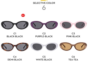 Retro oval sunglasses collection in six colors including black, purple, and tortoiseshell