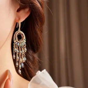 Vintage zircon oval crystal tassel earrings with gradient teardrop beads for women