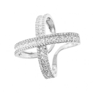 Macro view of silver geometric crisscross ring with micro-pave cubic zirconia crystals