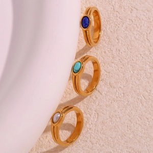 18K gold plated stainless steel rings featuring oval natural stones in blue, turquoise, and white