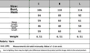 Detailed size chart for diamond pattern knit sweater showing S, M, and L measurements