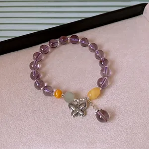 S925 silver beaded bracelet with purple amethyst, jade, and silver butterfly charm