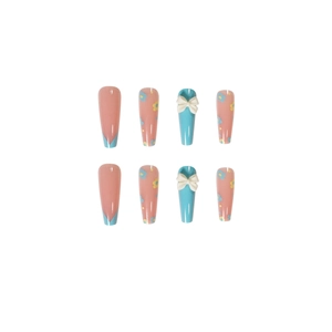 Blue and pink coffin press-on nails with 3D white bow and floral patterns