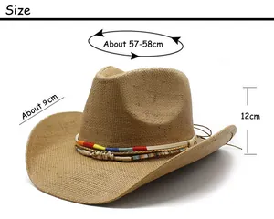Size chart showing 57-58cm circumference and 9cm brim for the straw cowboy hat