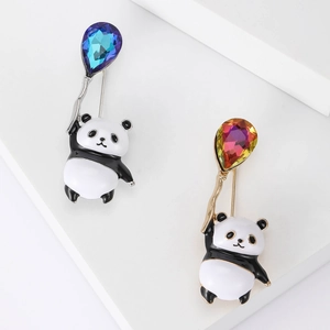 Cute Panda Enamel Brooch Alloy Pin With Crystal Teardrop Balloon Cartoon Animal Jewelry For Women Dress Accessory