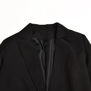 Dettaglio del bavero di un blazer nero con trama liscia e fodera interna lucida