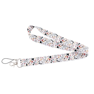 Detail of durable medical theme lanyard with stethoscope and microscope print and metal hook