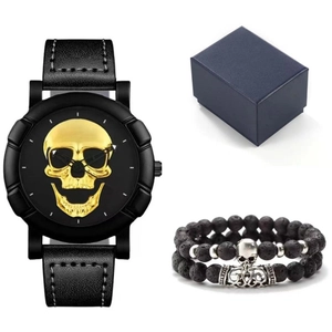 Men's hip-hop skull quartz watch with black leather strap and lava stone bracelets