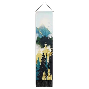 Vertical wall tapestry with golden mountain landscape art, wooden rod and black tassels