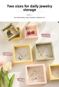 Macro view of macaron PE film suspension boxes for rings and necklace storage