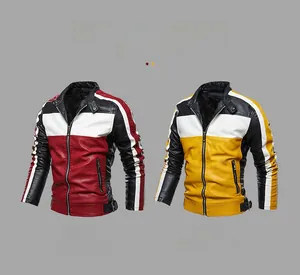 Detail of color-block faux leather jacket featuring a stand collar and metal zippers