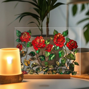 Floral acrylic table ornament with rose pattern and wooden base in a cozy home setting