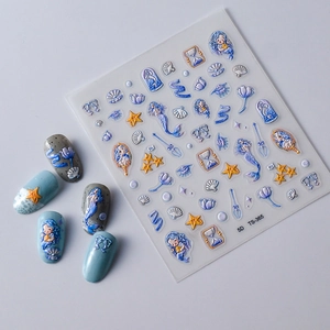 5D Embossed Mermaid Nail Stickers with Shells and Starfish Patterns on Blue Bases