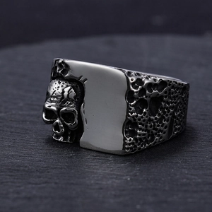 Gothic skull ring for men in vintage silver stainless steel with textured relief