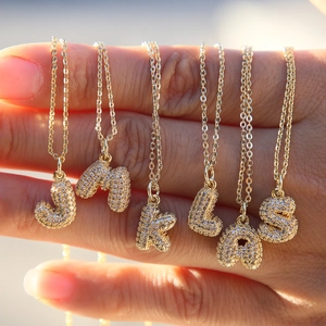 18K Gold Plated Brass Bubble Letter Necklace Micro Pave Zircon Initial Pendant Fashion Jewelry For Women