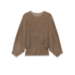 Pull en maille bronze pour femme avec manches chauve-souris, reflets métallisés et coupe ample