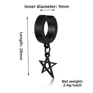 Detailed size specifications of black stainless steel hoop earring with star pendant