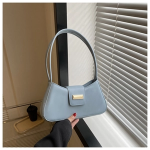 Detail of light blue baguette bag showing the magnetic flap and gold metal plaque decoration