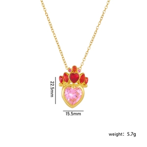 Pink heart crown pendant necklace in titanium steel showing 22.5mm x 15.5mm size details