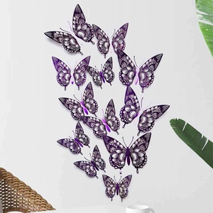 Detailed view of purple hollow 3D butterflies on wall with metallic pearlescent finish