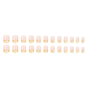Square pearly pink press-on nails with yellow leopard print tips and a French design